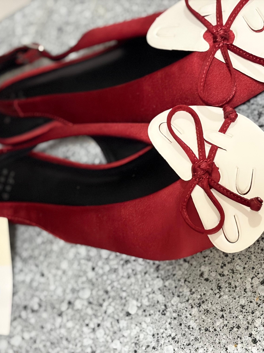 Women’s Red Satin Pointed Toe Slingback Flats with Bow Accent
